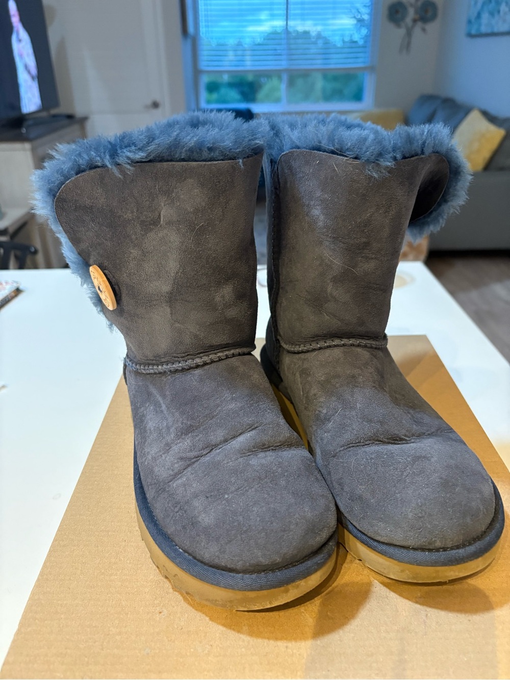 UGG Women's Navy Bailey Button Suede Button-Trim Short Boot with Blue Shearling